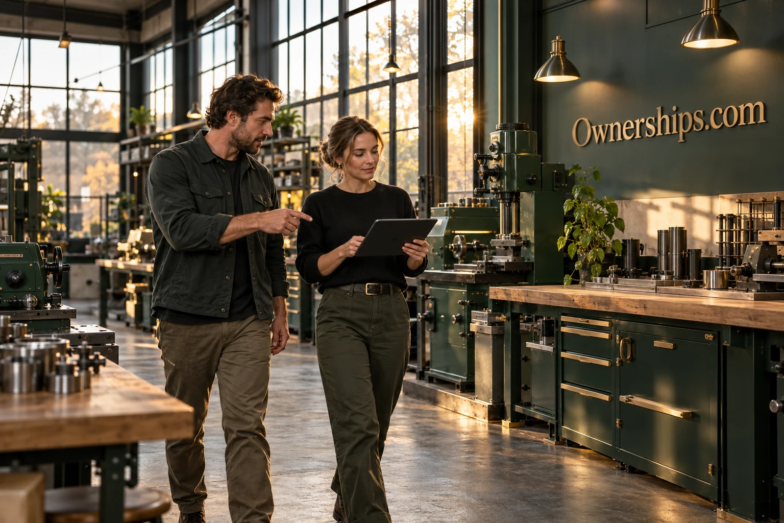 An operator working with equipment in a forest green and oak workshop
