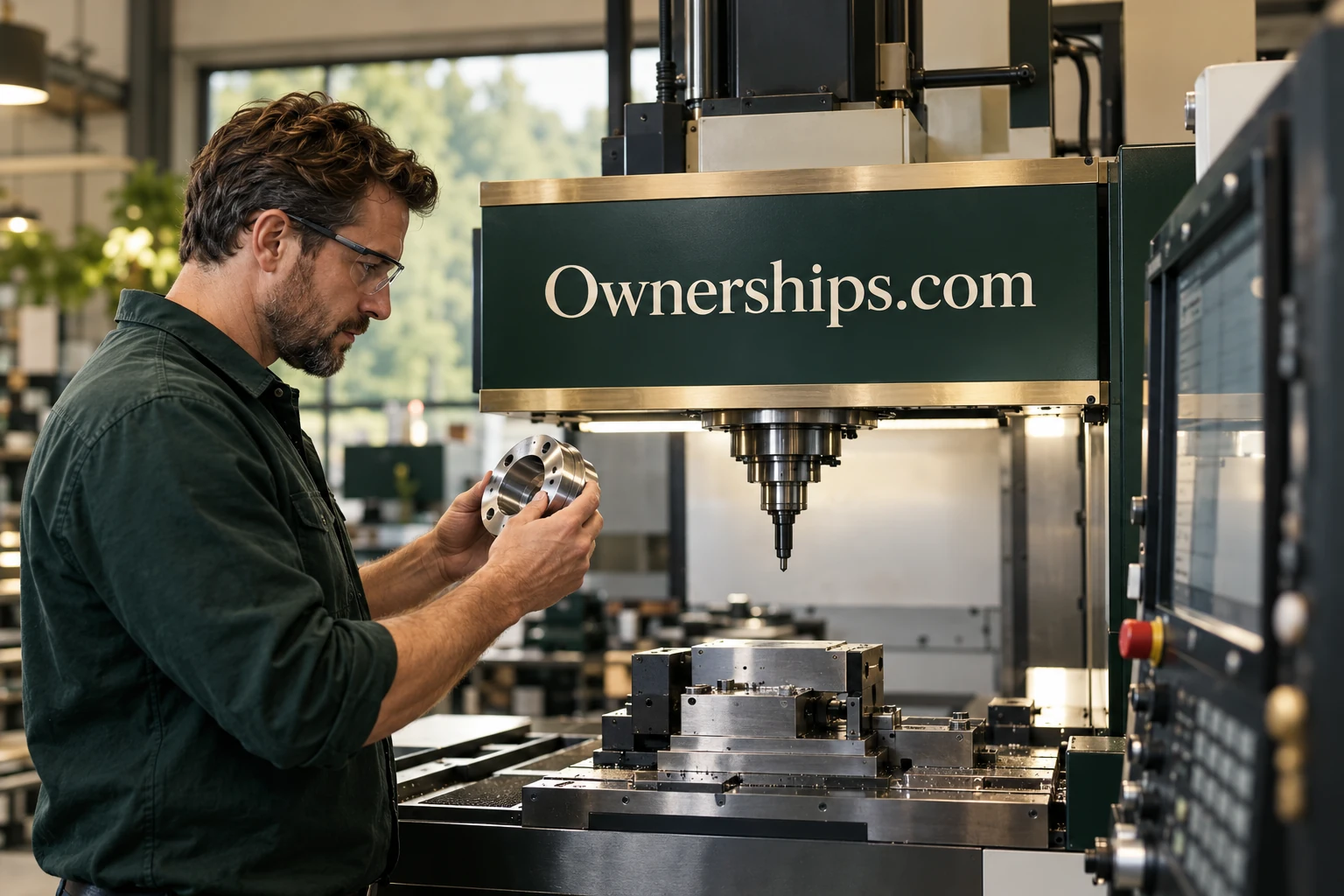 An operator reviewing the equipment in a sunlit workshop